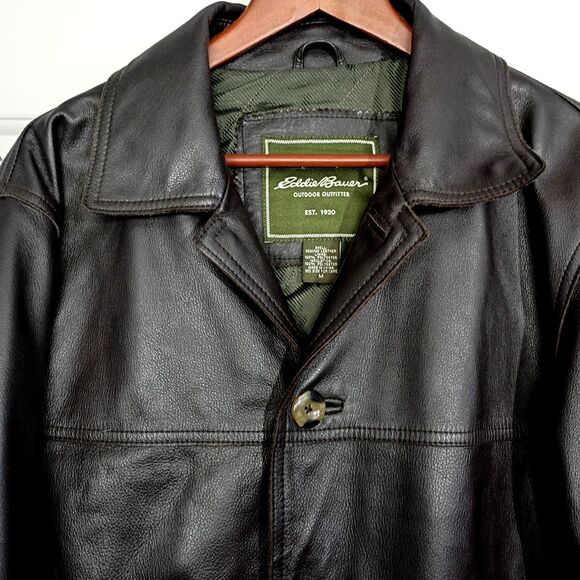 Eddie Bauer Men's Dark Brown Leather Jacket Coat Long Length Button Up M - Picture 3 of 11